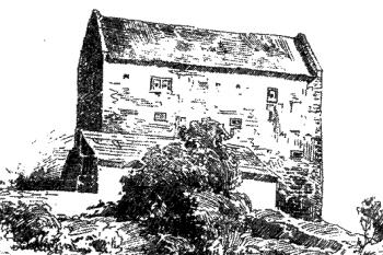 západní průčelí na kresbě v Sedláčkových Hradech ( © Karel Liebscher, před r. 1900)