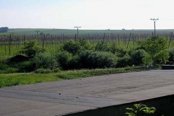 pohled  západním směrem z východní strany narušeného tvrziště přes garáže a Moštěnku ( © Ondřej Štěpánek 06/2006)