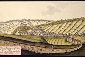 Město a zámek na obraze I.A.Venuta z roku 1814 (© Ing. Karel Kubín, 09/2017)