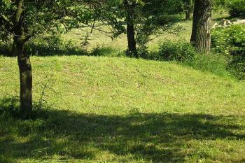 pahorek tvrze, vodeteč (v místech vzrostlých stromů) a zbytek valu v protějším svahu ( © Ondřej Štěpánek 06/2006)
