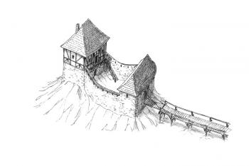 Rekonstrukce pravděpodobné podoby tvrze na přelomu 14. a 15. století ( © Jan P. Štěpánek 03/2007)