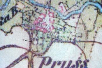 poloha tvrziště na mapovém listu II. (Františkova) vojenského mapování z let 1836-1852 ( © Laboratoř geoinformatiky Univerzity J.E.Purkyně, 2005)