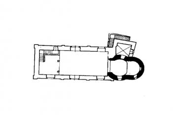 půdorys kostela s vyznačením románské části ( © Anežka Merhautová: Raně středověká architektura v Čechách, Academia, Praha 1971)