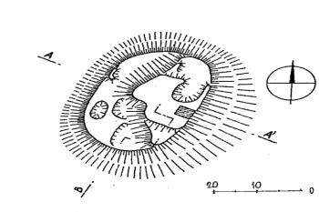 terénní náčrt lokality (© M. Plaček: Opevněná středověká sídla šlechty - nové revidované lokality (in Přehled výzkumů Archeologického ústavu Brno, svazek 44, 2002))