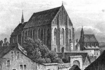 pohled od severozápadu ( © Carl Würbs, cca 1840 (in P. Kroupa: Farní kostel svatého Mikuláše ve Znojmě, Průzkumy památek 1996/II, Památkový ústav středních Čech, Praha 1996))