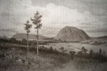 pohled na hradní kopec (Pekelný vrch) na konci 19. století od K. Liebschera ( © M. Novobilský, P.Rožmberský,  P.Mikota.,: Neznámé hrady severního Plzeňska,1999)