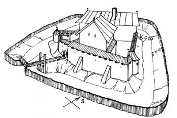 Šarovy - kresebná rekonstrukce sídla hrádku v jeho vrcholné fázi (© Karel Světlík, 06/2010)