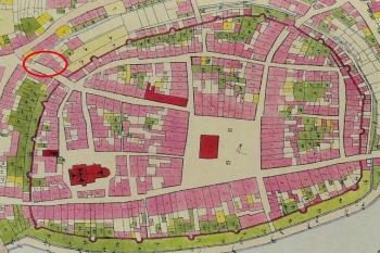 Zakreslení možné polohy hradu do katastrální mapy. ( © katastrální mapa z r. 1839)