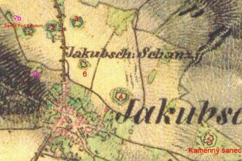 Jakubčovické šance na mapě 2. vojenského mapování (1836-52) ( © Laboratoř geoinformatiky Univerzita J.E. Purkyně)