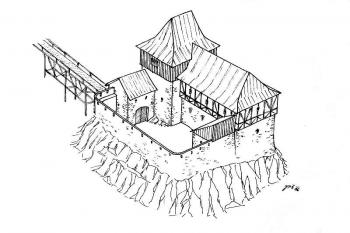 Axonometrický pohled na možnou podobu tvrze od jihozápadu (© Jan P. Štěpánek 08/2006)