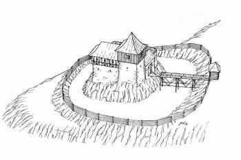 Axonometrický pohled na hypotetickou podobu tvrze od východu (© Jan P. Štěpánek 08/2006)