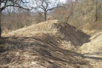další pohled na nejzachovalejší část valu ve směru sever-jih, v pozadí za stromy myslivecká chata, zcela v dálce Křenovice ( © Ondřej Štěpánek 04/2006)