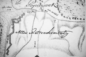 Pohled na opevnění zakreslené v mapovém listě č.67 I. vojenského (josefského) mapování z let 1764-68 ( Laboratoř geoinformatiky UJEP)