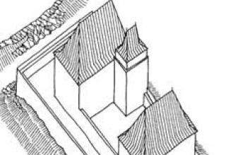Kožlí - hmotová rekonstrukce jádra hradu (© T. Durdík: Ilustrovaná encyklopedie českých hradů, Libri, Praha 1999)