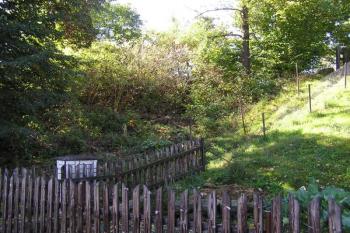 Pohled na zanesený příkop oddělující tzv. předhradí od okolného stoupajícího terénu ( © Jan P. Štěpánek 10/2007)