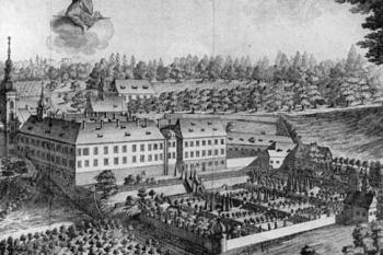 klášter na vedutě Josefa a Andrease Schmuzerů, cca 1739 ( © kol: Umění baroka na Moravě a ve Slezsku, Academia, Praha 1996)