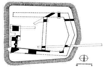 Půdorys vnitřního hradu se zakreslenými výsledky archeologického výzkumu v letech 1972–1974 podle P. Šebesty (© T. Durdík: Ilustrovaná encyklopedie českých hradů, Dodatky 1, Libri, Praha 2002)