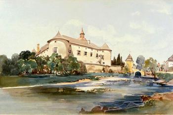 zámek Bytča od břehu říčky Petrovičky. ( © Thomas Ender (1793-1875))