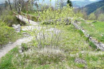 pozůstatky zdiva lichoběžníkové věže v severovýchodní části dolního hradu ( © Jan P. Štěpánek 05/2008)