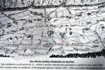 nákres původní podoby středověké vsi v době její existence (© info tabule na místě)