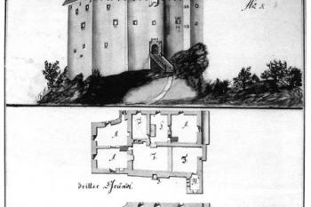 reálný pohled na dolní hrad od severu a řezy jednotlivými patry palácového bloku dolního hradu ze sklonku 18. století ( © M. Plaček, M. Bóna: Encyklopedie slovenských hradů, Libri, Praha 2007)