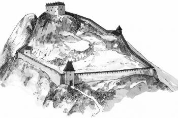 Hypotetická rekonstrukce východní části areálu hradu Zniev se vstupní branou a tzv. dolním hradem na počátku 17. století ( © Kamenní strážcovia: M. Slámka, Bratislava 2004)