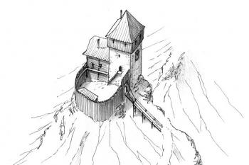 rekonstrukce pravděpodobné podoby dolního hradu v polovině 13. století ( © Jan P. Štěpánek 12/2007)
