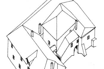 Axonometrický pohled na kompex tvrze – kresba J. Úlovec podle návrhu P. Maříka (© Kol.: Encyklopedie českých tvrzí, II. díl, K-Ř, Argo, Praha 2005)
