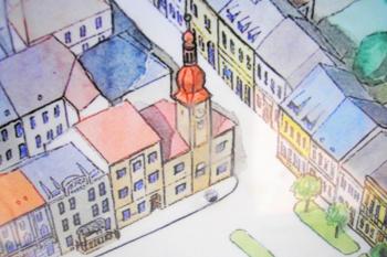 vyobrazení staré radnice na infomační desce města (© Ondřej Štěpánek 10/2006)
