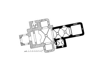 půdorys kostela ( © Antonín Podlaha: Soupis památek historických a uměleckých v Království Českém, sv. 24 Politický okres českobrodský, Archaelogická komise při České akademii císaře Františka Josefa pro vědy, slovesnost a umění, Praha 1907)