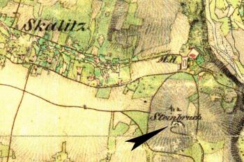 Situace Skalice a lomu na II. vojenském mapování - Františkovo: 1836-1852 (© Laboratoř geoinformatiky Univerzity J.E.Purkyně, Ministerstvo životního prostředí České republiky, Austrian State Archive/Military Archive, Vienna)
