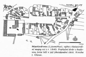 Katastrální mapa z r. 1840 (ještě zachycuje později zbouraný jihozápadní přístavek) ( © J. Úlovec (in Encyklopedie českých tvrzí, II.díl, ARGO 2000))