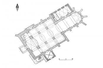Půdorys kostela (Samek B., Umělecké památky Moravy a Slezska 2, [J/N], Academia, 1999, str. 207, obr. 102)
