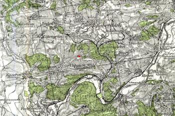Poloha obce Rusov (Reissengrün) na staré mapě – červená tečka (© Zeměměřičský ústav v Praze)