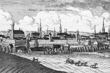 Rytina Opavy od jihozápadu z knihy Scenographia urbium Silesiae z roku 1737 podle veduty F. B. Eernera (© Města a městečka v Čechách, na Moravě a ve Slezsku (K. Kuča))