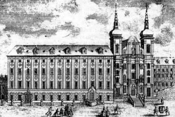 jezuitská kolej s kostelm Panny Marie Sněžné po r. 1724 ( © rytyna M. Engelbrechta podle kresby F.B. Wernera (in Dušan Foltýn a kol.: Encyklopedie moravských a slezských klášterů, Libri, Praha 2005))