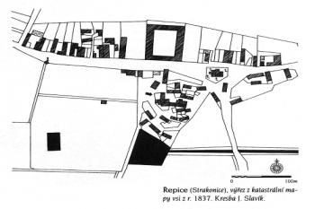 Výřez z katastrální mapy Řepice z r. 1837 ( © J. Slavík, L. Svoboda (Encyklopedie českých tvrzí, II. díl, ARGO 2000))