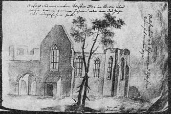 klášter od jihozápadu na vedutě z 18. století (© anon (fotorepro: Březina, Jan. Zábřežsko v období feudalismu do roku 1848. Krajské nakladatelství, Ostrava 1963))