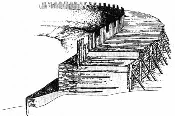 Rekonstrukce velkomoravské hradby akropole (podle R. Skopala) ( © M. Čižmář: Encyklopedie hradišť na Moravě a ve Slezsku, Libri, Praha 2004)