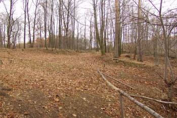 Pohled od kaple směrem k náhorní planině, na zplanýrovanou dvojici čelních příkopů ( © Roman Řezáč 12/2006)