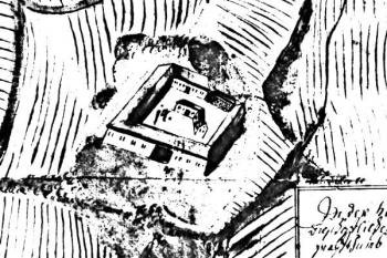 kresba Hájovského dvora na mapě z roku 1728 ( © J. Tichánek a kolektiv: Šlechtická sídla na Frýdecko-Místecku, Alpress, Frýdek-Místek 2006))
