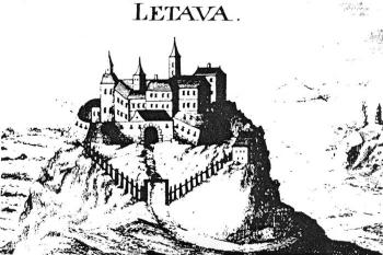 Mědirytina hradu z konce 17. století ( © M. Greischer, 1680 (in Kamenní strážcovia: M. Slámka, Bratislava 2004))