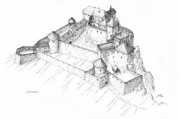 rekonstrukce pravděpodobného vzhledu hradu Lietava na počátku 17. století ( © Jan P. Štěpánek 09/2007)