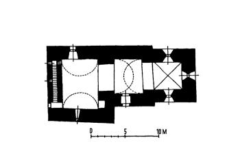 půdorys kostela (© Václav Mencl: Středověká architektura na střední Vltavě, Umění X, Ústav pro teorii a dějiny umění ČSAV, Praha 1962)