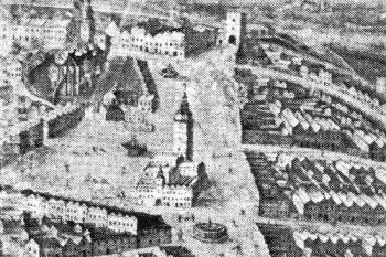 Detail Horního náměstí s kupeckými domy a věží Hlásou uprostřed něj ( © Města a městečka v Čechách na Moravě a ve Slezsku (K. Kuča))