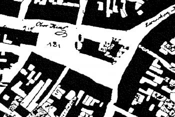 Shluk kupeckých domů uprostřed Horního náměstí na mapě z roku 1836 ( © Města a městečka v Čechách na Moravě a ve Slezsku (K. Kuča))