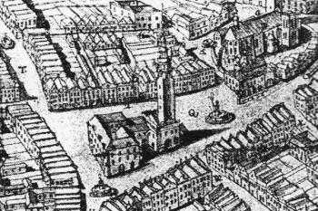 Horní náměstí se shlukem kupeckých domů a věží Hláskou na kresbě z 2. pol. 18. století ( © Města a městečka v Čechách na Moravě a ve Slezsku (K. Kuča))