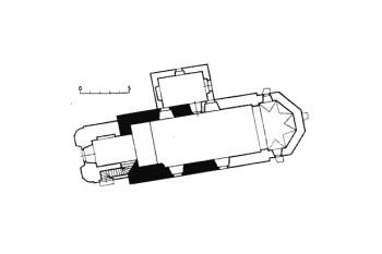 půdorys kostela ( © Anežka Merhautová: Raně středověká architektura v Čechách, Academia, Praha 1971)