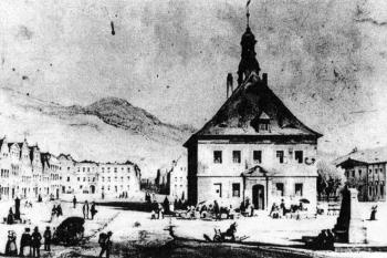 Severní část náměstí s radnicí kolem roku 1850 ( © Města a městečka v Čechách na Moravě a ve Slezsku (K. Kuča))
