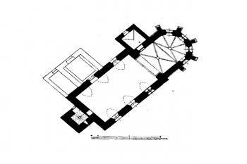 půdorys kostela ( © Antonín Podlaha, Eduard Šittler: Soupis památek historických a uměleckých v Království Českém, sv. 15 Politický okres Karlínský, Archaelogická komise při České akademii císaře Františka Josefa pro vědy, slovesnost a umění, Praha 1903)